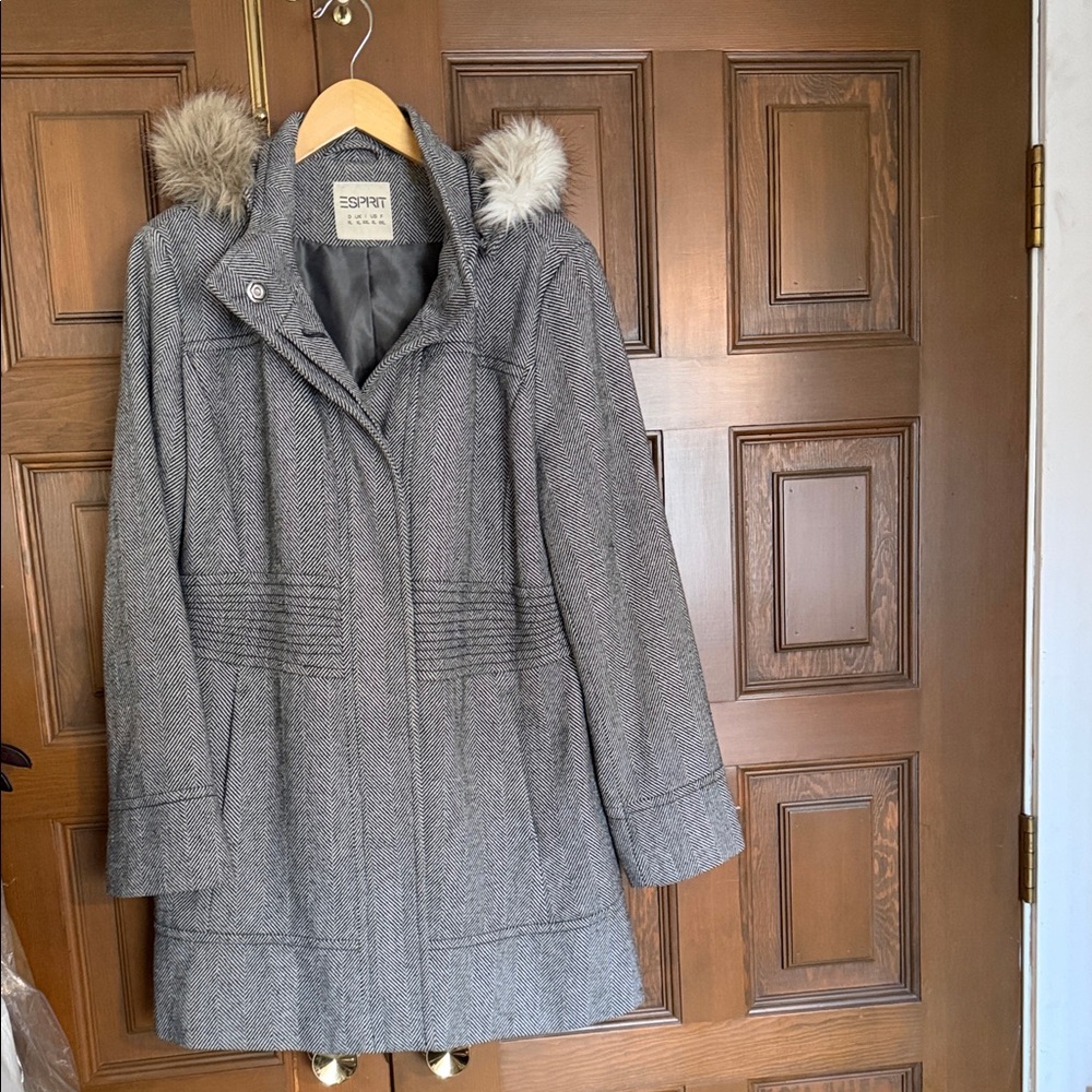 Esprit Gray Herringbone Trench Coat with Faux Fur Hood Trim
